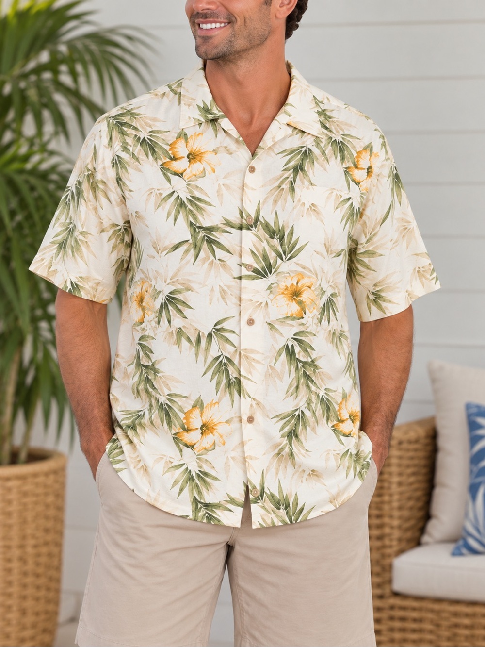 Tommy Bahama 100% Silk Camp Shirt Cream Yellow Hibiscus Bamboo Floral Mens L